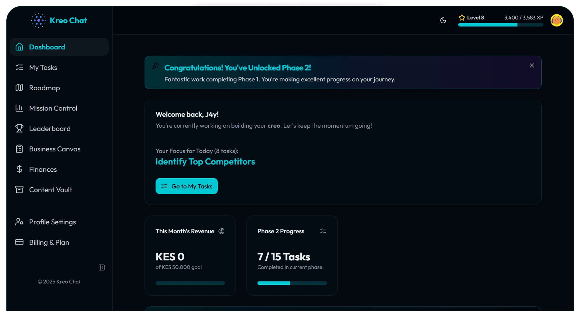Kreo Chat Dashboard Preview (Dark Mode)