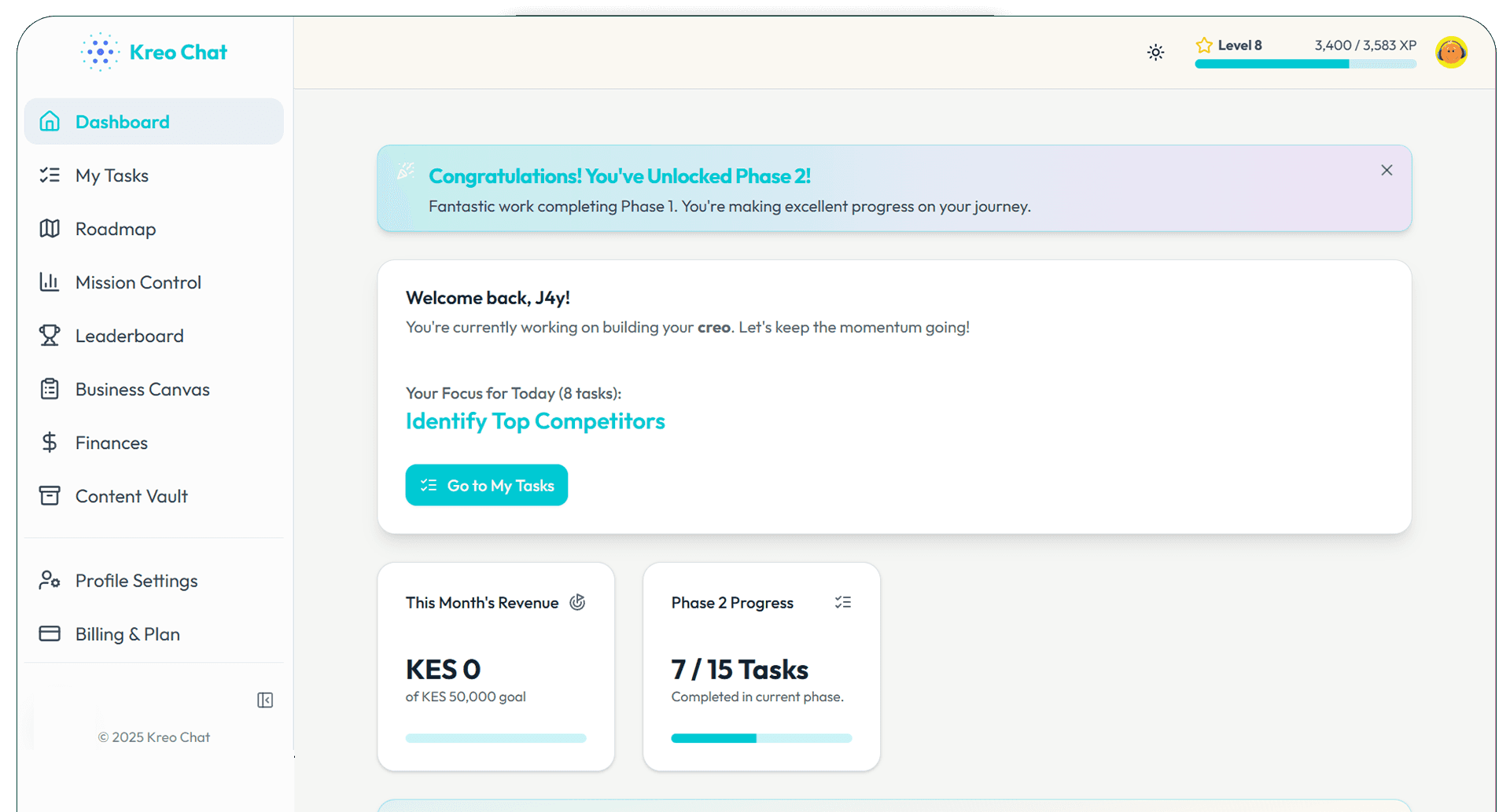 Kreo Chat Dashboard Preview (Light Mode)
